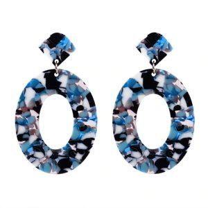 Blue modern abstract large oval hoop drop earrings